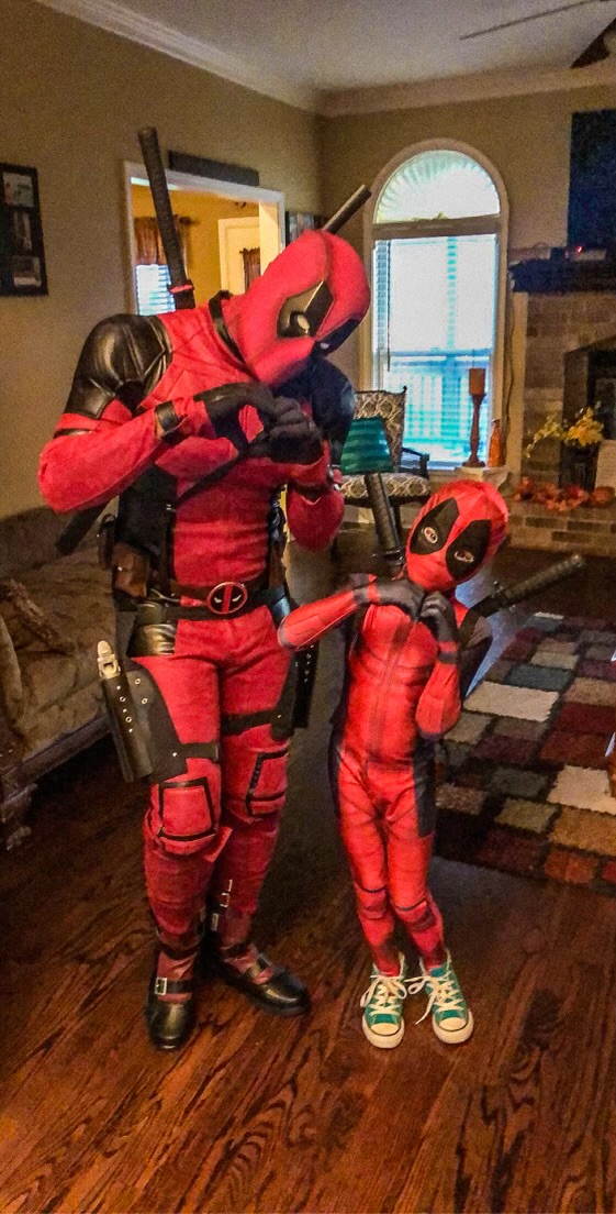 Father and son Deadpool costumes for Halloween
